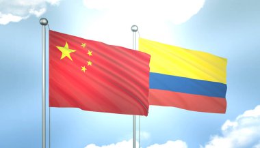 Çin ve Kolombiya 'nın 3D Bayrağı Mavi Gökyüzünde Güneş Işığıyla