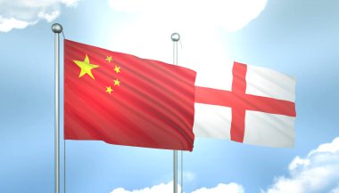 Çin ve İngiltere 'nin 3D Bayrağı Mavi Gökte Güneş Işığıyla
