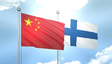 Çin ve Finlandiya 'nın 3D Bayrağı Mavi Gökte Güneş Işığıyla