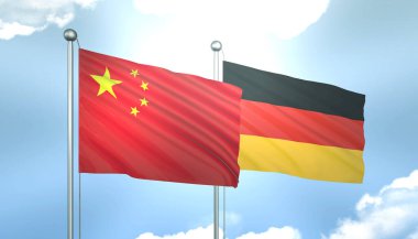 Çin ve Almanya 'nın 3D Bayrağı Mavi Gökte Güneş Işığıyla