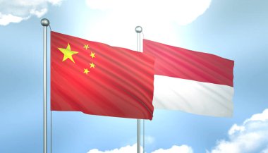 Çin 'in 3D Bayrağı ve Endonezya Mavi Gökyüzünde Güneş Işığıyla