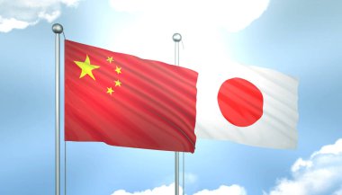 Çin ve Japonya 'nın 3D Bayrağı Mavi Gökte Güneş Işığıyla