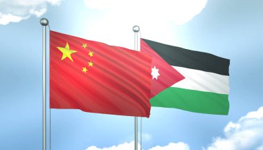 Çin ve Ürdün 'ün 3D Bayrağı Mavi Gökyüzünde Güneş Işığıyla