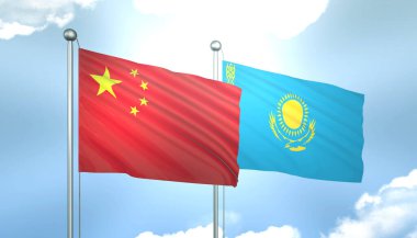Çin ve Kazakistan 'ın 3D Bayrağı Mavi Gökyüzünde Güneş Işığıyla