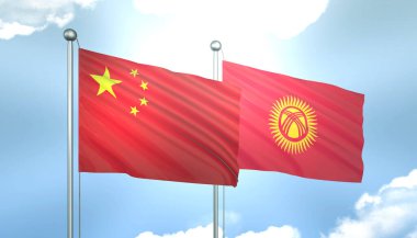 Çin 'in 3D bayrağı ve Kırgızistan' ın Kırgızistan 'ı Mavi Gök' te Güneş Işığıyla. Tarihi bayrak