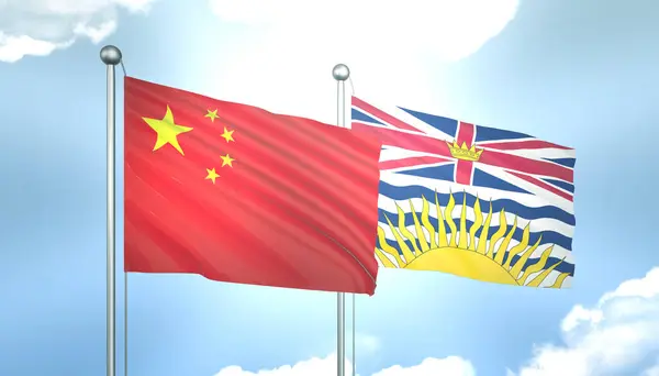 3D Flag of China and British Columbia on Blue Sky with Sun Shine