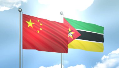 Çin 'in 3D Bayrağı ve Mavi Gökyüzünde Güneş Işığıyla Mozambik