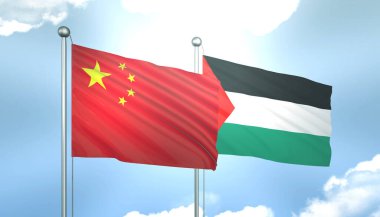 Çin ve Filistin 'in 3D Bayrağı Mavi Gökte Güneş Işığıyla