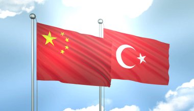 Çin ve Türkiye 'nin 3D Bayrağı Mavi Gökyüzünde Güneş Işığıyla