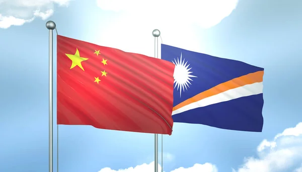 Mavi Gök 'te Çin ve Marshall Adaları' nın 3D Bayrağı Güneş Işığıyla