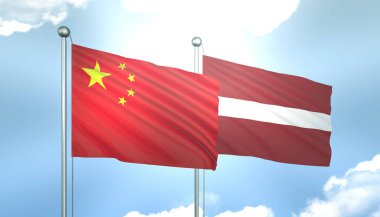 Çin ve Letonya 'nın 3D Bayrağı Mavi Gökyüzünde Güneş Işığıyla