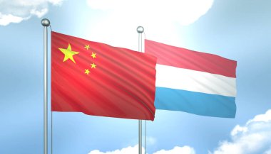 3D Çin Bayrağı ve Lüksemburg Mavi Gök 'te Güneş Işığıyla