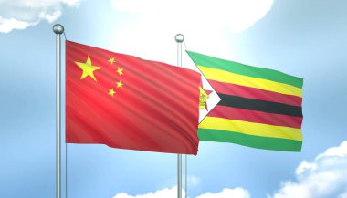 3D Çin Bayrağı ve Zimbabwe Mavi Gök 'te Güneş Işığıyla