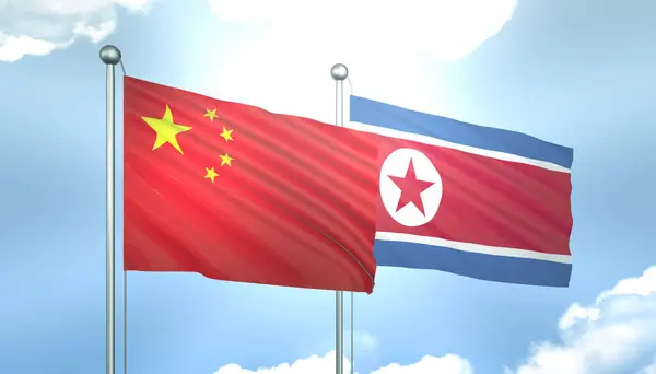 3D Flag of China and North Korea on Blue Sky with Sun Shine