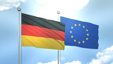 3D Almanya Bayrağı ve Avrupa Birliği Mavi Gökte Güneş Işığıyla