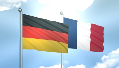 Almanya ve Fransa 'nın 3D Bayrağı Mavi Gökte Güneş Işığıyla