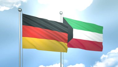 Almanya 'nın 3D Bayrağı ve Kuveyt Mavi Gökte Güneş Işığıyla