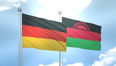 3D Almanya Bayrağı ve Malawi Mavi Gökte Güneş Işığıyla