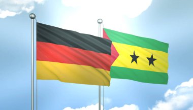 3D Almanya Bayrağı ve Sao Tome Mavi Gökyüzünde Güneş Işığıyla