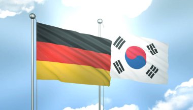 3D Almanya ve Güney Kore Bayrağı Mavi Gök 'te Güneş Işığıyla