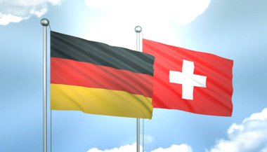 3D Almanya ve İsviçre Bayrağı Mavi Gökte Güneş Işığıyla