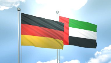 Almanya 'nın 3D Bayrağı ve Birleşik Arap Emirlikleri Mavi Gökyüzünde Güneş Işığıyla