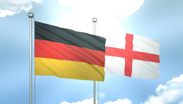 3D Flag of Germany and England on Blue Sky with Sun Shine