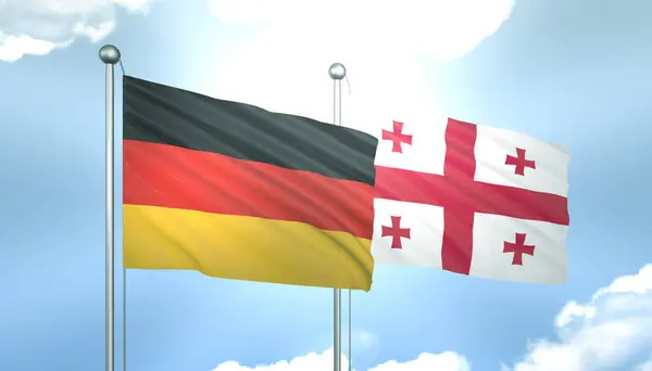 3D Flag of Germany and Georgia on Blue Sky with Sun Shine