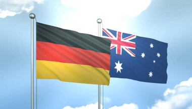 Almanya ve Avustralya 'nın 3D Bayrağı Mavi Gökte Güneş Işığıyla