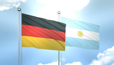 3D Almanya ve Arjantin Bayrağı Mavi Gökte Güneş Işığıyla