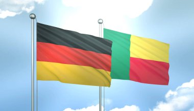 3D Almanya Bayrağı ve Benin Mavi Gökte Güneş Işığıyla