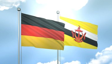 3D Almanya Bayrağı ve Brunei Mavi Gökyüzünde Güneş Işığıyla