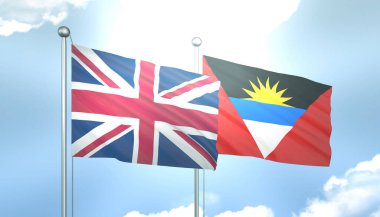 3D Flag of United Kingdom and Antigua Barbuda on Blue Sky with Sun Shine clipart
