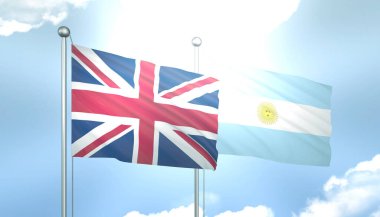 Birleşik Krallık ve Arjantin 'in 3D Bayrağı Mavi Gökte Güneş Işığıyla