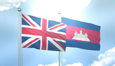 Birleşik Krallık ve Kamboçya 'nın 3D Bayrağı Mavi Gökyüzünde Güneş Işığıyla