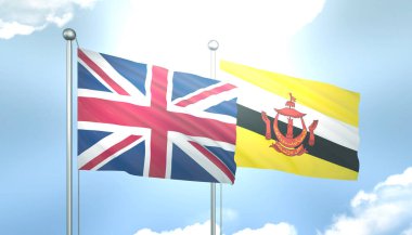 Birleşik Krallık 'ın 3D Bayrağı ve Brunei Mavi Gökyüzünde Güneş Işığıyla