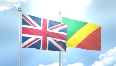 Birleşik Krallık ve Kongo Cumhuriyetinin 3D Bayrağı Mavi Gökyüzünde Güneş Işığıyla