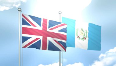 Birleşik Krallık 'ın 3D Bayrağı ve Mavi Gök' te Güneş Işığı ile Guatemala
