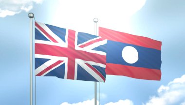 Birleşik Krallık 'ın 3D Bayrağı ve Mavi Gökte Güneş Işığıyla Laos