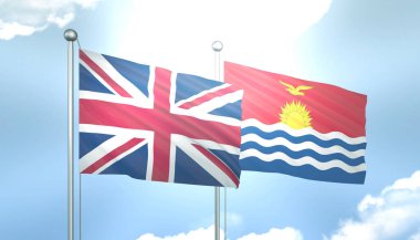 3D Flag of United Kingdom and Kiribati on Blue Sky with Sun Shine clipart