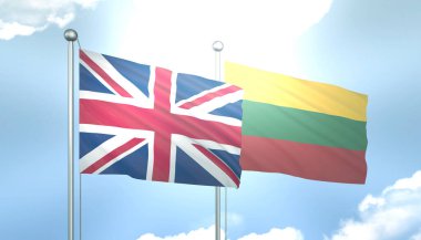 Birleşik Krallık ve Litvanya 'nın 3D Bayrağı Mavi Gökte Güneş Işığıyla