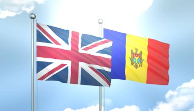 Birleşik Krallık ve Moldova 'nın 3D Bayrağı Mavi Gökyüzünde Güneş Işığıyla