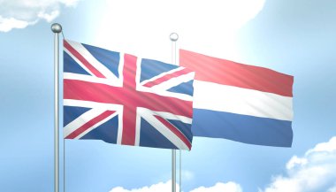 Birleşik Krallık ve Hollanda 'nın 3D Bayrağı Mavi Gökyüzünde Güneş Işığıyla