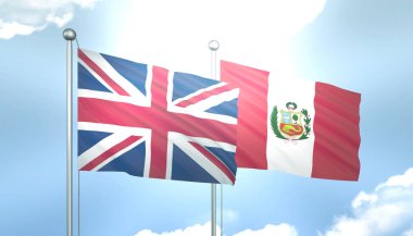 Birleşik Krallık 'ın 3D Bayrağı ve Peru Mavi Gökyüzünde Güneş Işığıyla