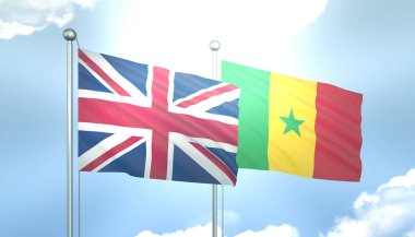 Birleşik Krallık 'ın 3D Bayrağı ve Senegal Mavi Gökyüzünde Güneş Işığıyla