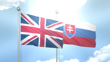 Birleşik Krallık ve Slovakya 'nın 3D Bayrağı Mavi Gökyüzünde Güneş Işığıyla
