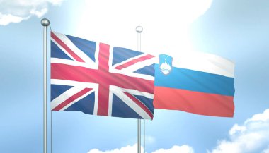 Birleşik Krallık ve Slovenya 'nın 3D Bayrağı Mavi Gökyüzünde Güneş Işığıyla