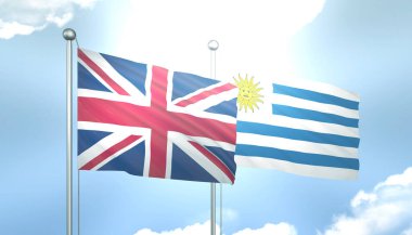 Birleşik Krallık 'ın 3D Bayrağı ve Mavi Gök' te Güneş Işığıyla Uruguay
