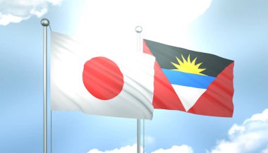 3D Flag of Japan and Antigua Barbuda on Blue Sky with Sun Shine clipart