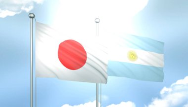 Japonya ve Arjantin 'in 3D Bayrağı Mavi Gökte Güneş Işığıyla